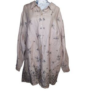 Bridgewater Studio 3X Linen Tunic Top Blouse, Beige Tan Flower Plus Size Button